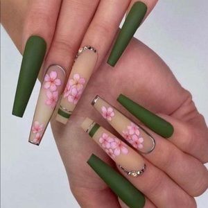 Matte green long coffin press on nails